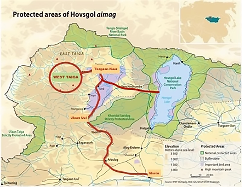 mappa del tour in Mongolia nell'area della minoranza etnica degli Tsaatan o uomini renna che vivono nella taiga ai confini con la Siberia
