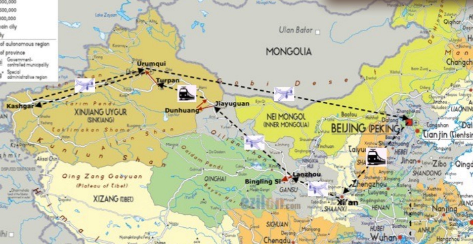 mappa tour sulla via della seta da Pechino a Kashgar