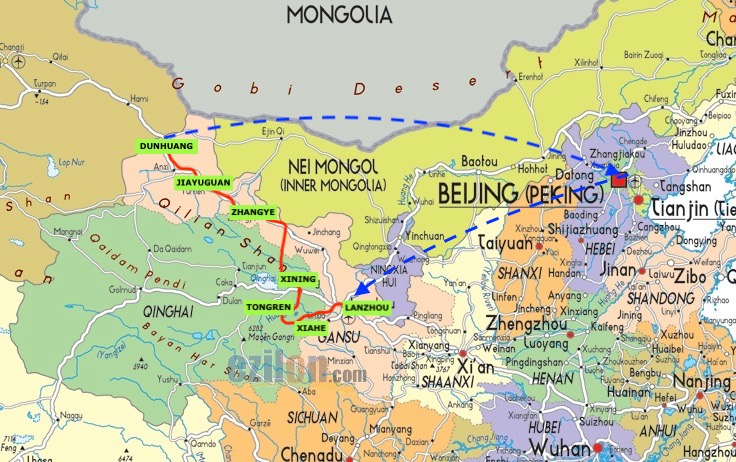 mappa tour sulla Via della Seta in Cina da Pechino a Dunhuang e le grotte di Mogao