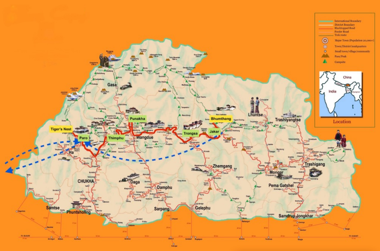 mappa del tour in Bhutan da Paro a Thimphu, Punakha, Trongsa fino a Jakar nella sacra valle del Bhumthang