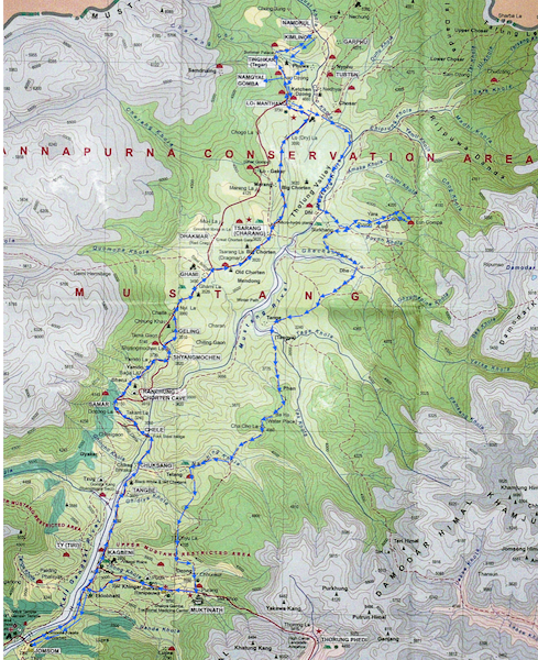 mappa del viaggio di trekking a piedi in Mustang- Nepal