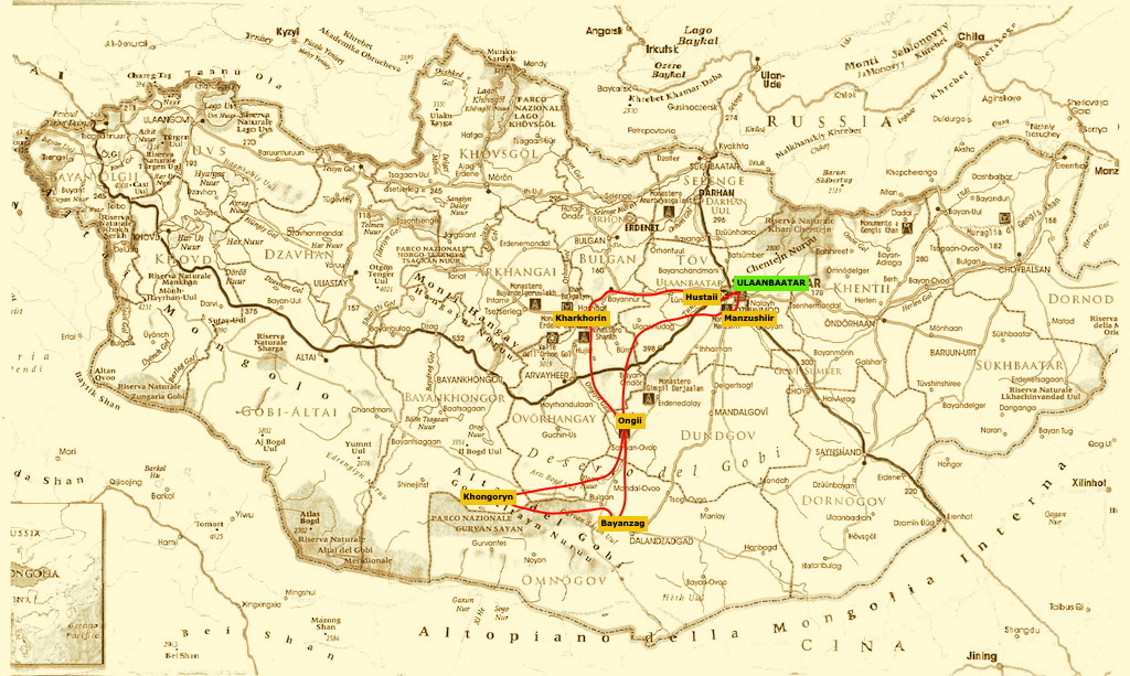 mappa del tour Grande Cielo della durata di 10 giorni in Mongolia