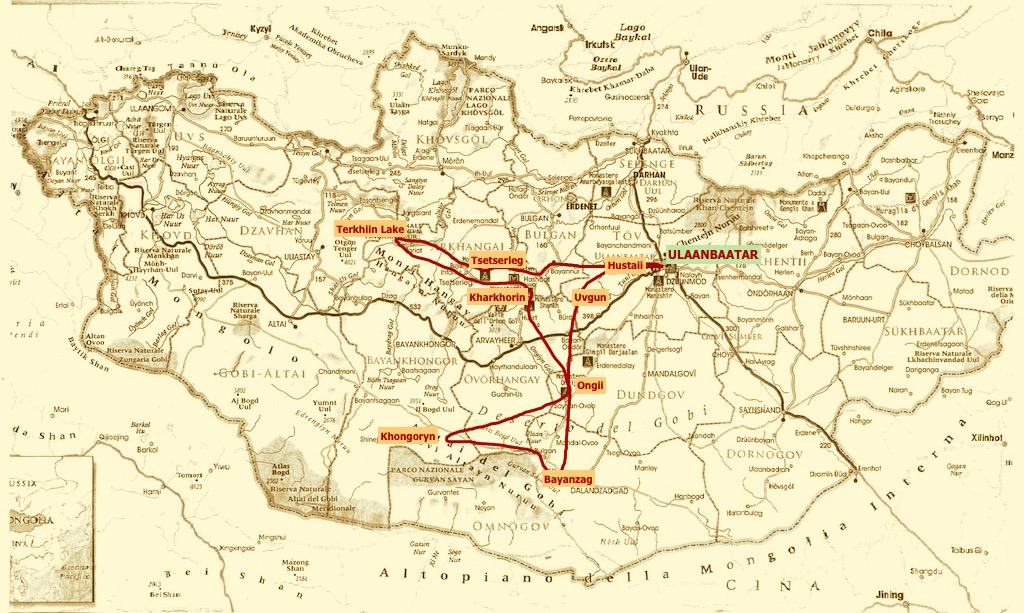 mappa del tour in Mongolia Grande Spazio Basic della durata di 13 giorni 