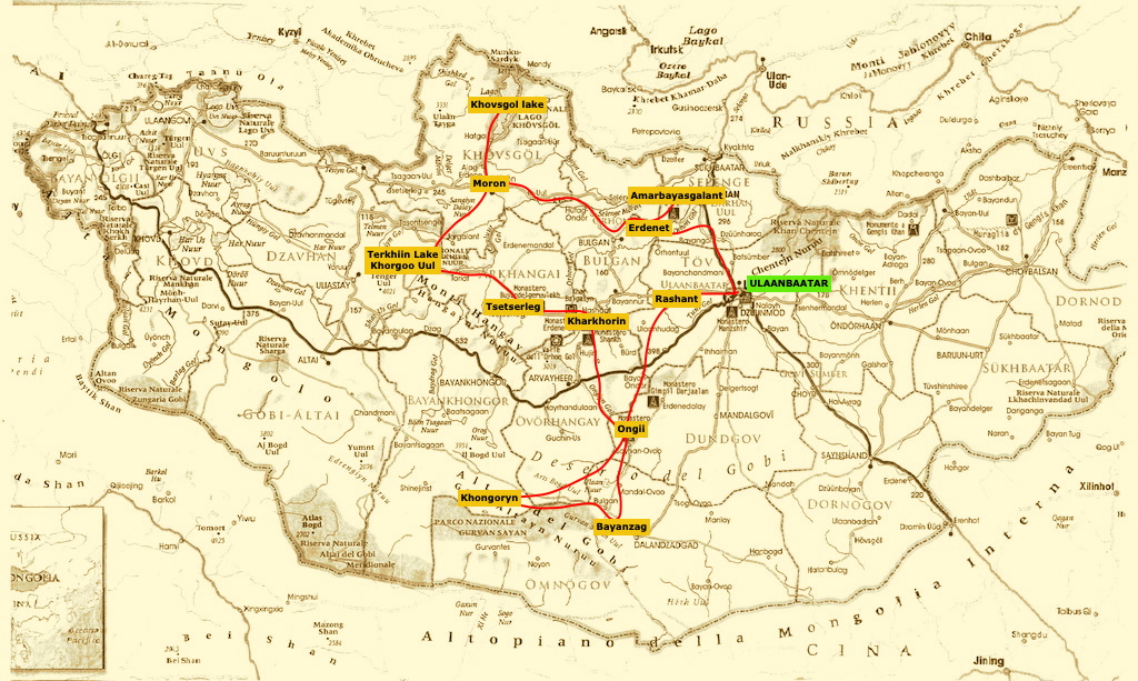 mappa  del tour in Mongolia Nord e Sud basic della durata di 16 giorni 