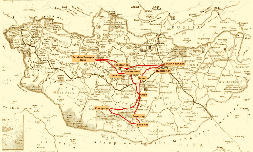 mappa del tour in Mongolia di 10 giorni Grande Spazio A