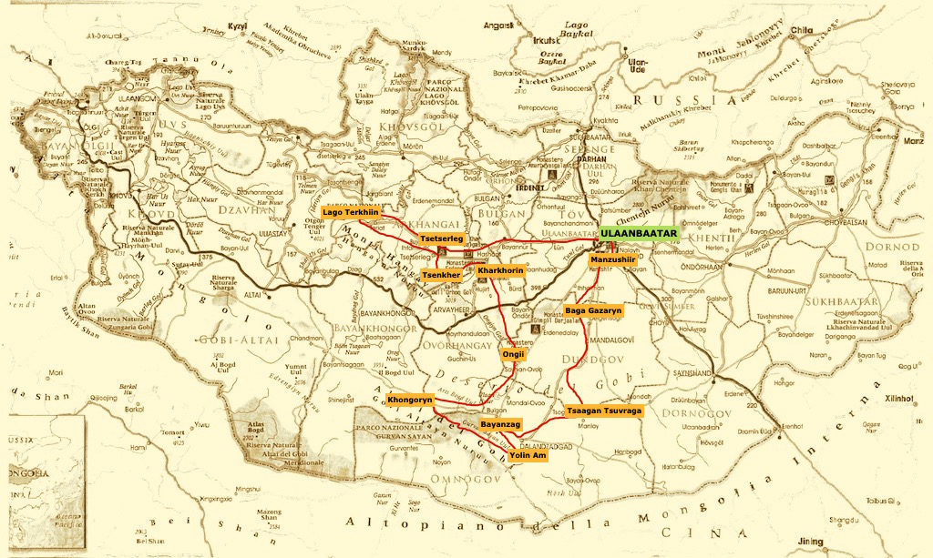 mappa del tour in Mongolia Grande Spazio B di 13 giorni classic
