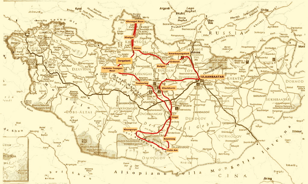 mappa del tour nord e sud in Mongolia con minivan russi UAZ - viaggio classic di 15 giorni 