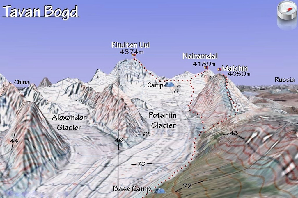 cartina  dei dislivelli e delle zone di accampamento per scalata ai Monti Tavan Bogd