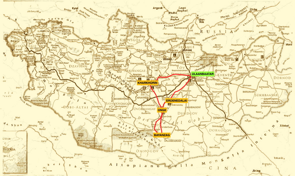 mappa del tour in Mongolia SPECIALE DISABILI attraverso la steppa e il deserto del Gobi 