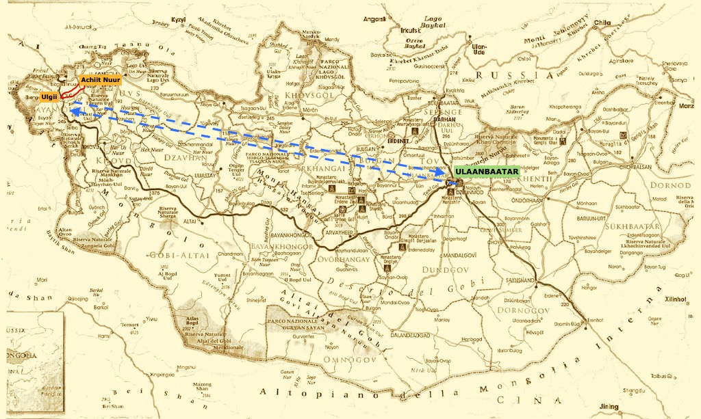 Mappa del  tour in Mongolia a settembre in occasione dell'Eagle Festival negli Altai- Cacciatori kazaki con le aquile si sfidano in prove di abilità