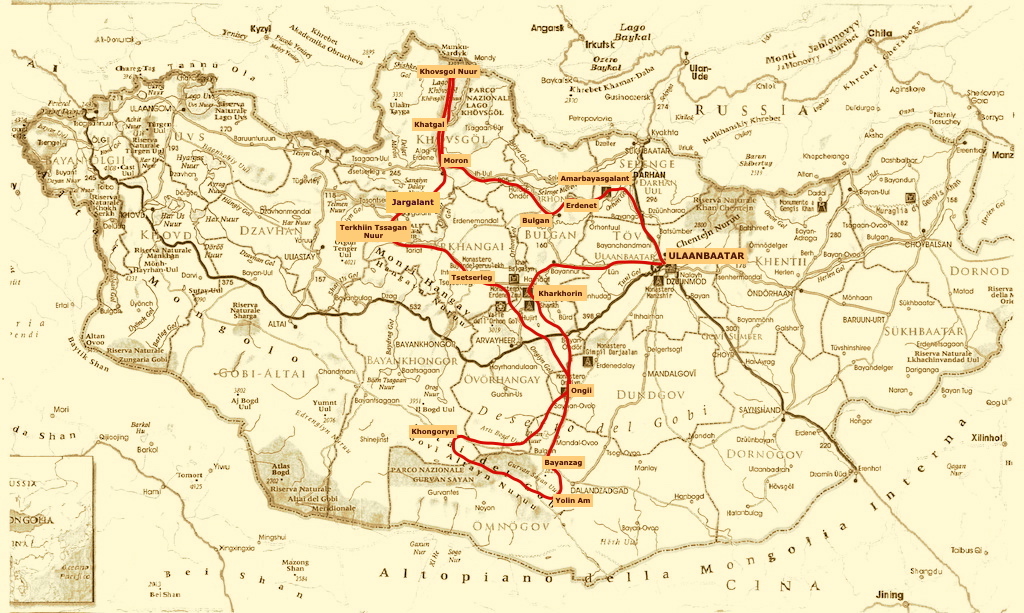 mappa del tour in Mongolia da nord  a sud di 15 giorni e livello superior