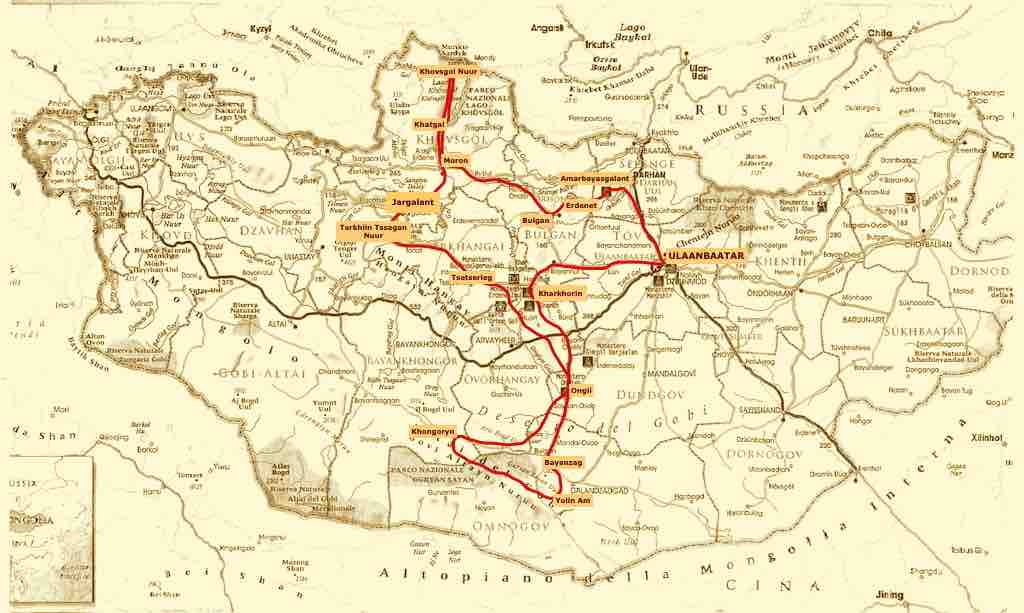 mappa del viaggio di gruppo in Mongolia - tour Nord  e Sud in occasione del Festival del Naadam di Ulaan Baatar -livello Superior- 15 giorni